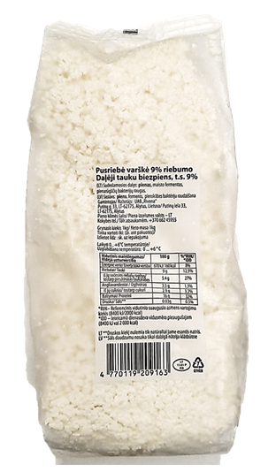 Varškė biri PIEMENĖLIO pusriebė 9% 1kg maiš. RVN