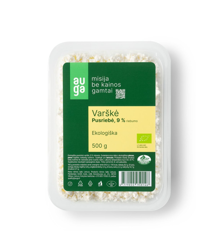 Ekologiška varškė "Auga" 9% rieb. 500g AUG